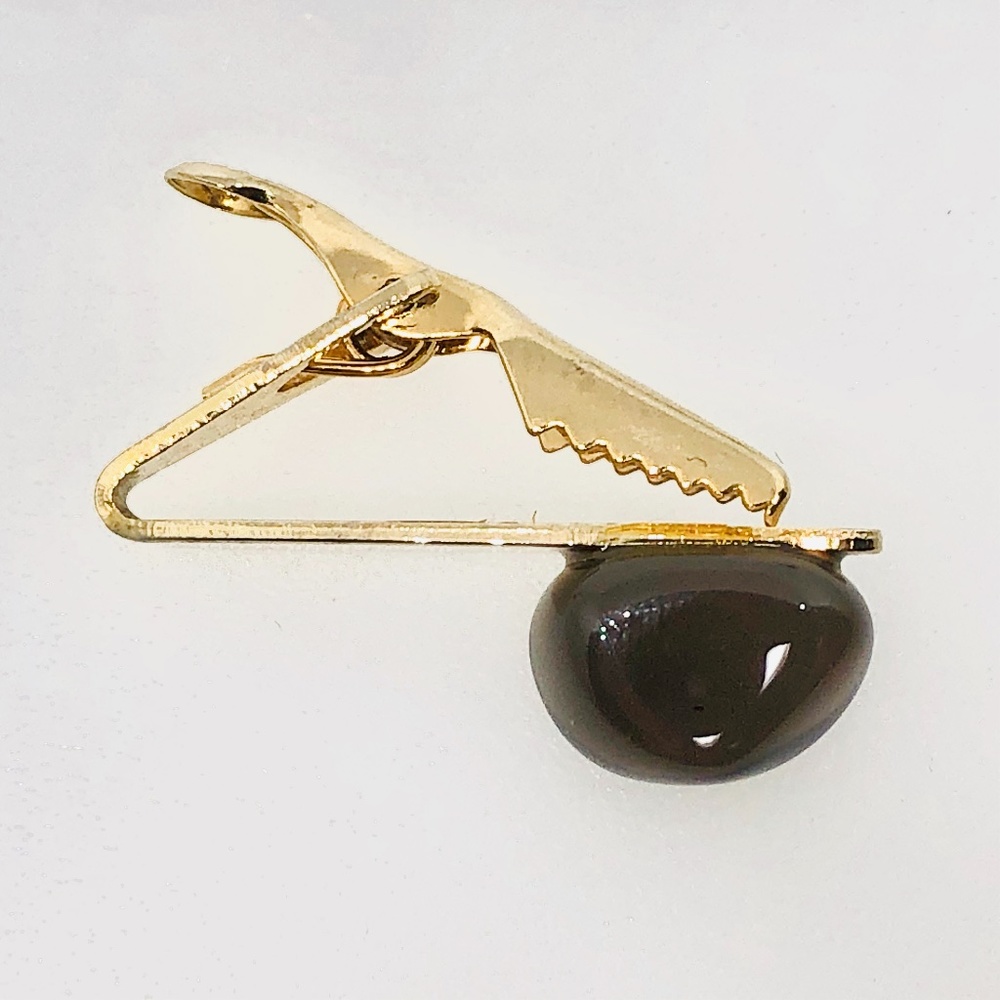 SOLD Vintage Gold Tone Tie Clip Polished Smokey Stone - Picture 3 of 8